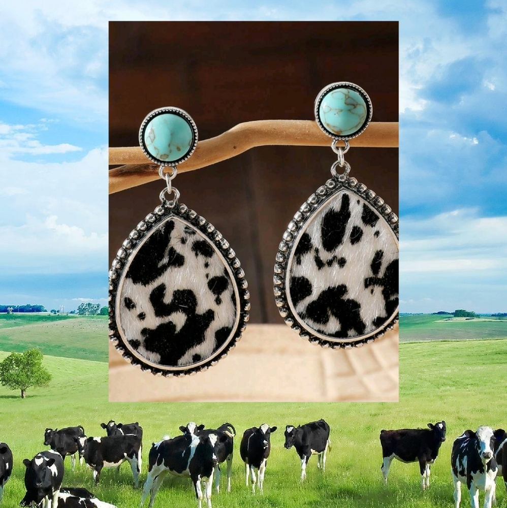New turquoise and cow print earrings